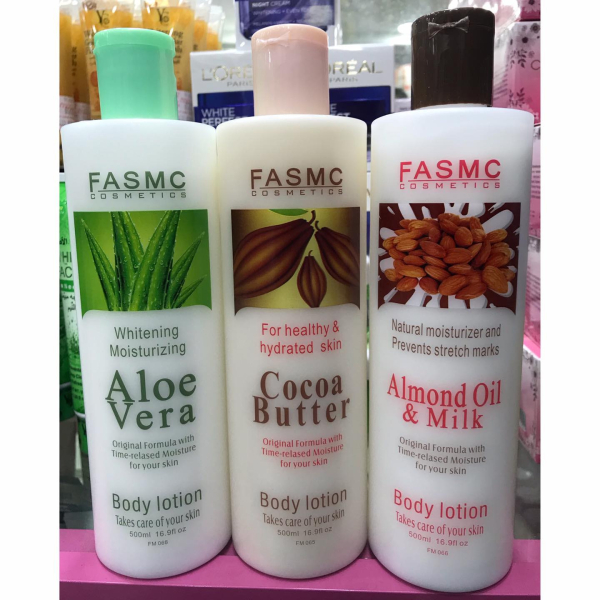 Laits corporels FASMC : Aloe Vera, Beurre de Cacao et Huile d'Amande & Lait